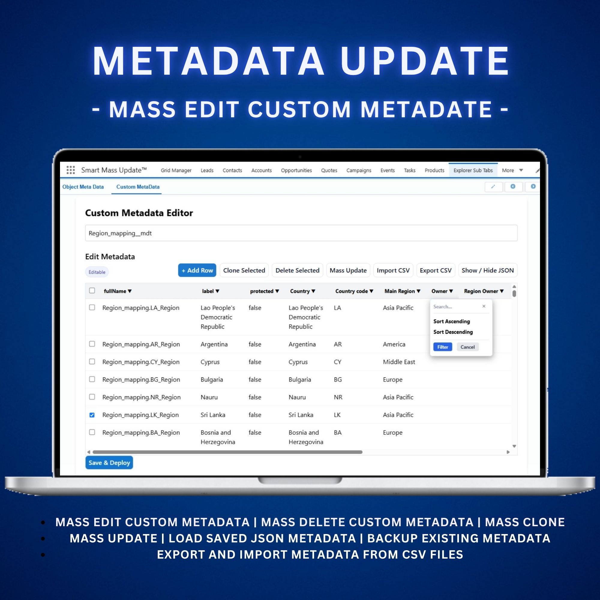 Mass edit,delete,clone,update custom metadate salesforce