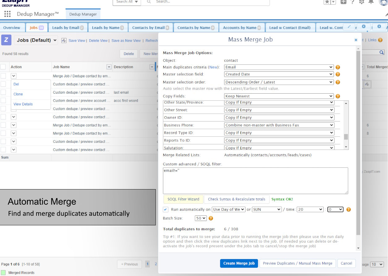 Auto Mass Merge contacts in Salesforce